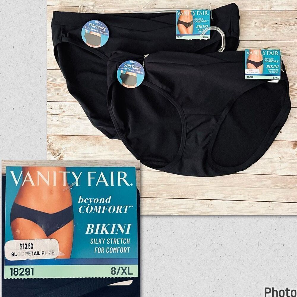 NWT 2Pack Vanity Fair Black 8/XL Beyond Comfort Silky Stretch Bikini Panty 18291